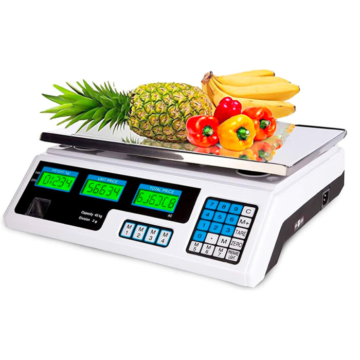 Bilancia Elettronica Digitale Professionale Fino A 40 kg Con Piatto in Acciaio Inox Precisione 2 g Triplo Display Elettrica e Batteria 34x33x11.3 cm
