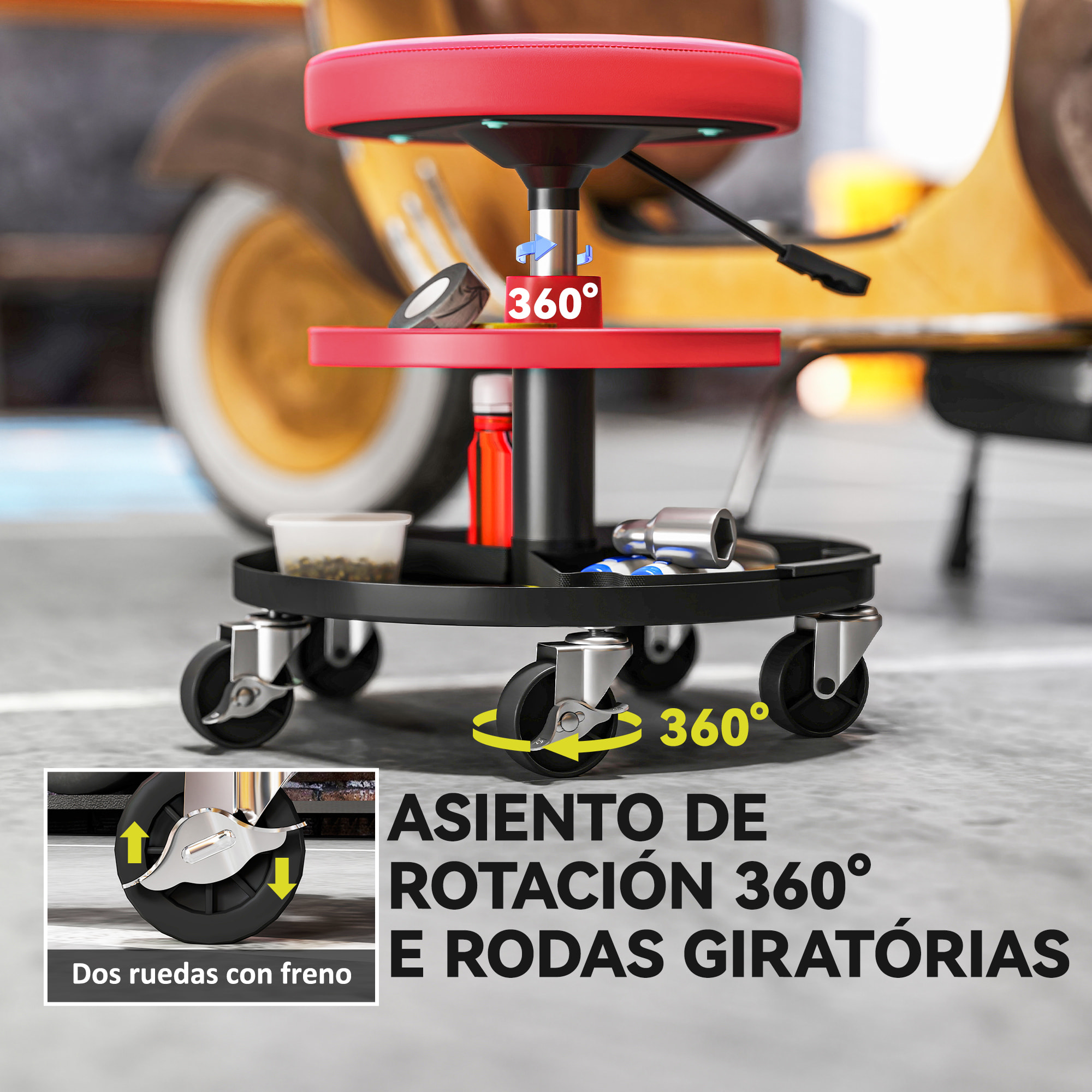 Taburete de Taller Giratorio con Ruedas Altura Ajustable de 40-51 cm Asiento Taburete para Mecánico con 2 Bandejas para Herramientas Carga 135 kg para Garaje Reparación de Automóviles Rojo