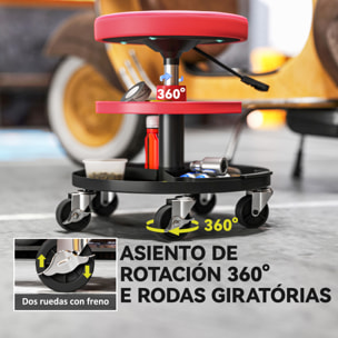 Taburete de Taller Giratorio con Ruedas Altura Ajustable de 40-51 cm Asiento Taburete para Mecánico con 2 Bandejas para Herramientas Carga 135 kg para Garaje Reparación de Automóviles Rojo