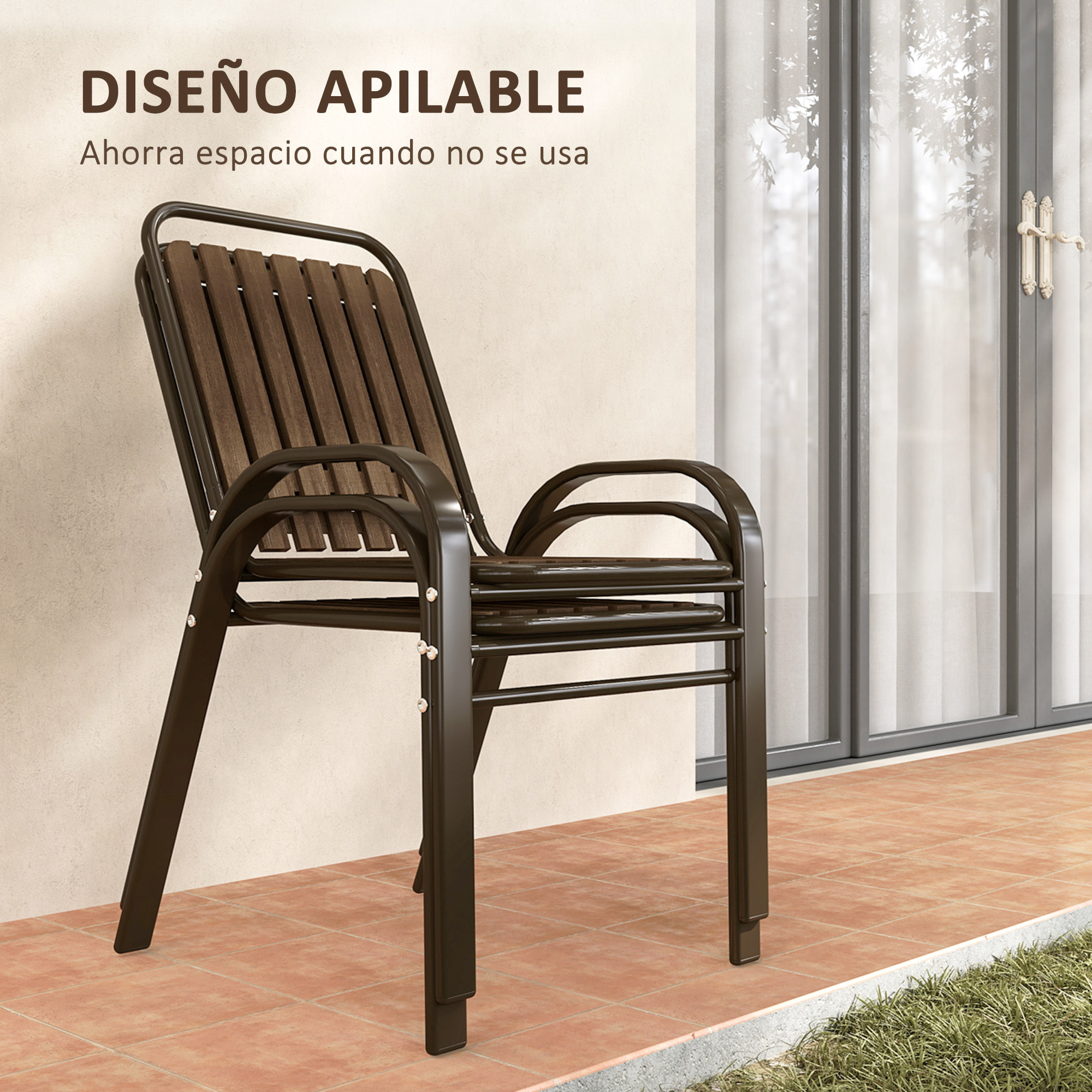 Conjunto Jardín Exterior de 3 Piezas Juego de Muebles de Jardín con 2 Sillas Apilables Mesa con Encimera de Vidrio Templado y Estructura de Acero para Terraza Patio Balcón Marrón Oscuro