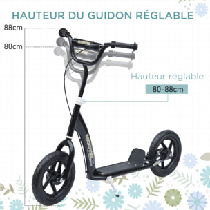 Trottinette patinette pneus 30 cm hauteur guidon réglable poignée frein et béquille acier noir