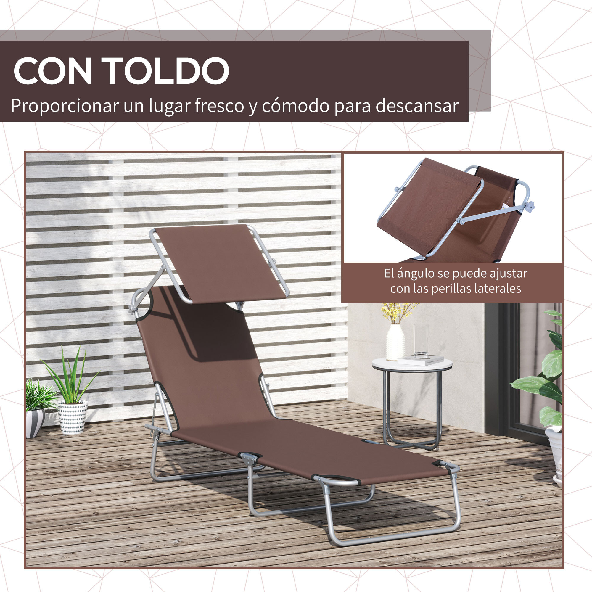 Conjunto de 2 Tumbonas Plegables Tumbonas de Jardín Reclinables con Toldo Desmontable Respaldo Ajustable en 5 Niveles para Terraza Piscina 187x58x36 cm Marrón