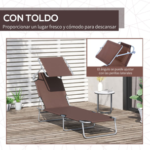 Conjunto de 2 Tumbonas Plegables Tumbonas de Jardín Reclinables con Toldo Desmontable Respaldo Ajustable en 5 Niveles para Terraza Piscina 187x58x36 cm Marrón