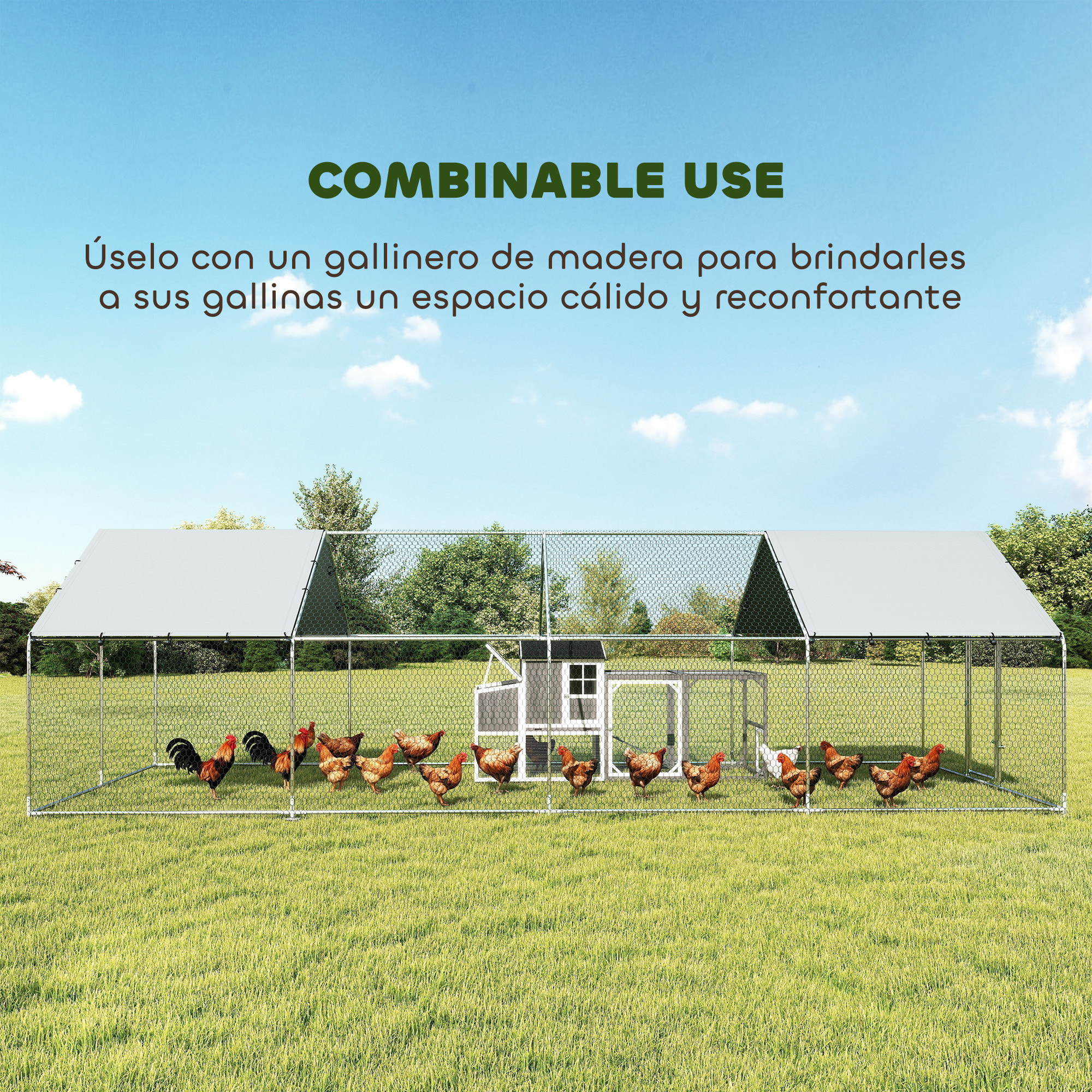 Gallinero para Exterior Grande, 6,8x3x1,9 m, Gallinero de Acero Galvanizado, Puerta con Doble Cierre, Cubierta Tela Oxford, Anti-UV e Impermeable, Diseño Accesible, para 20-30 Gallinas, Plata