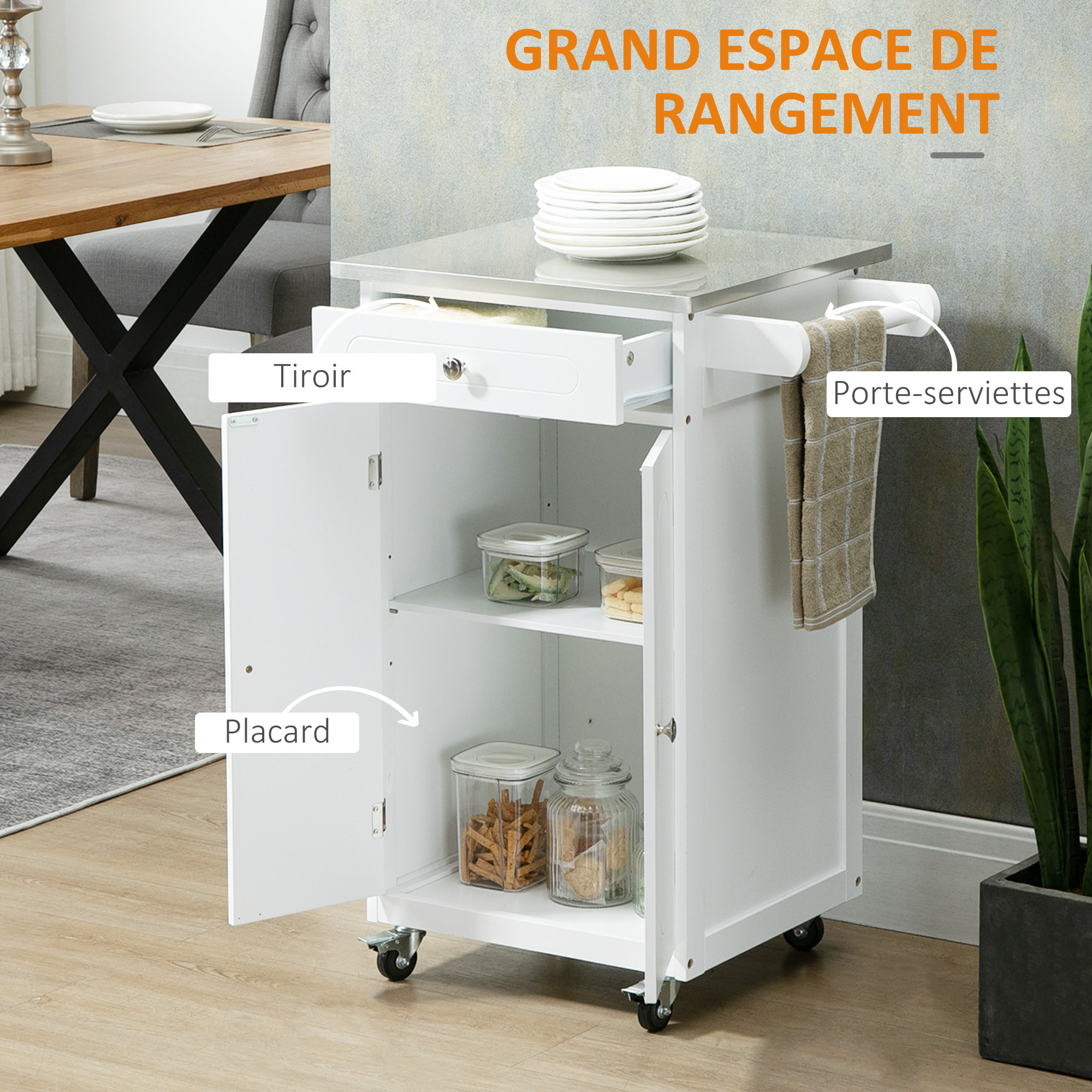 Desserte de cuisine multi-rangements 1 tiroir placard 2 portes avec étagère porte-torchons MDF blanc acier inox.