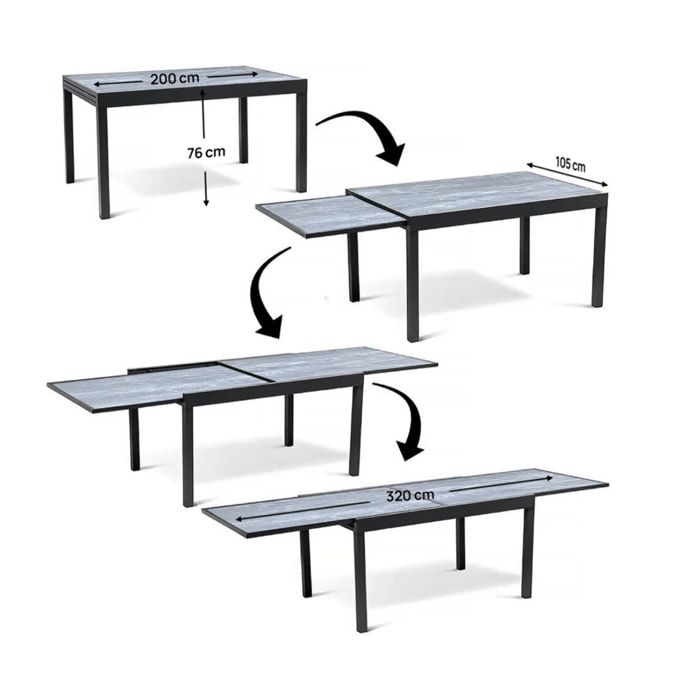 Table extensible et chaises de jardin en aluminium "Lagos" - 200/320 x 105 x 76 cm - 12 chaises - Noir