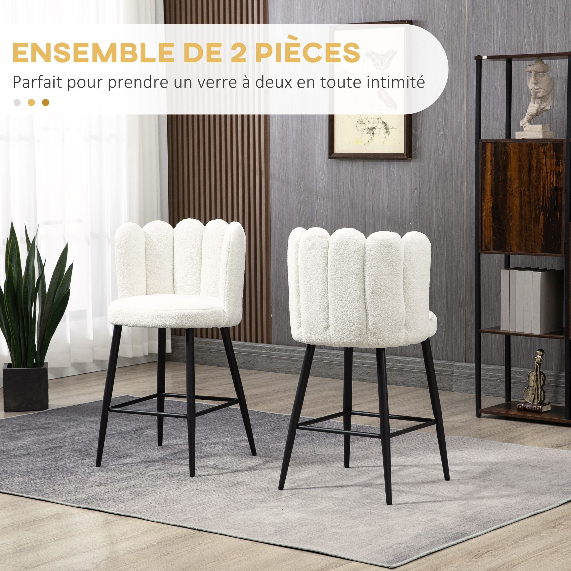 Lot de 2 tabourets de bar design contemporain - repose-pied - acier noir revêtement effet laine bouclée blanc