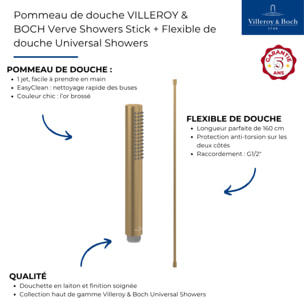 Pommeau de douche VILLEROY & BOCH Verve Showers Stick + Flexible de douche Universal Showers 160 cm Or brossé