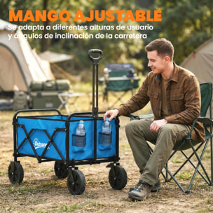 Carro Playa con Ruedas Grandes Bloqueables, Carro de Jardín Plegable con Mango Ajustable, Portavasos y Marco de Metal, Carga 80 kg, Carrito Transporte para Jardín, Campaña, Compras, Azul