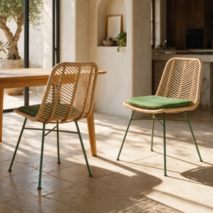 Lot de 2 chaises en rotin et tissu vert olive  - Tamara