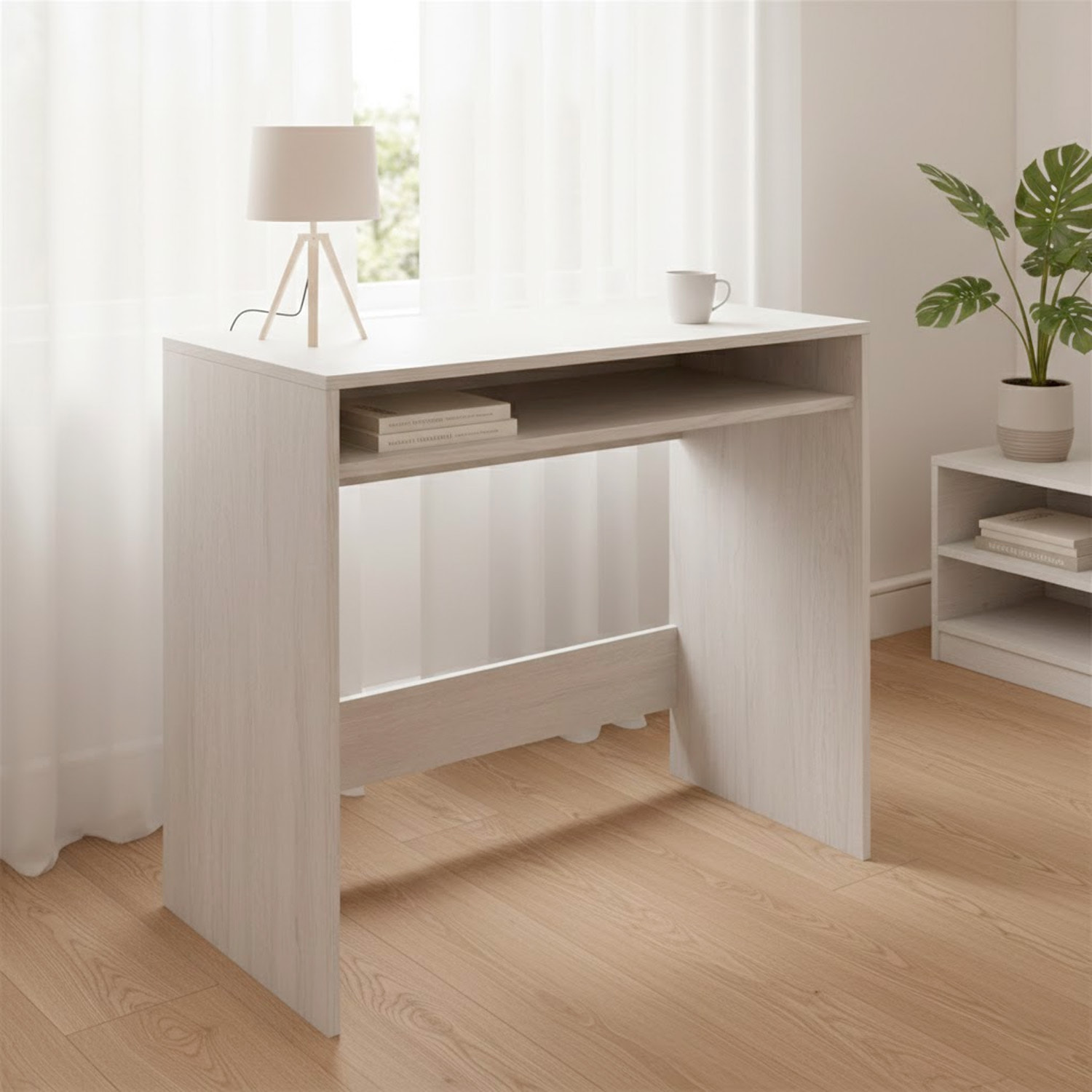 Scrivania Da Studio Compatto Tavolo Con Vano Portaoggetti Design Moderno Per Home Office Cameretta Smart Working 79 x 43 x 78 Cm Bianco Frassino