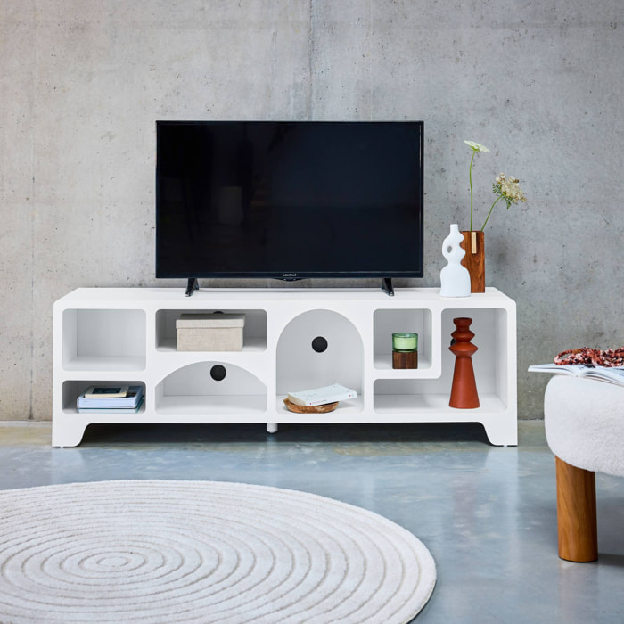 Meuble tv organique effet bois blanc 160cm avec plusieurs niches 7 compartiments de rangement L160cm