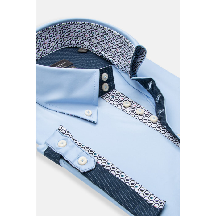 Camicia Uomo Manica Corta 2 Bottoni Button Down 7 Botto Popeline Stretch Unito Celeste