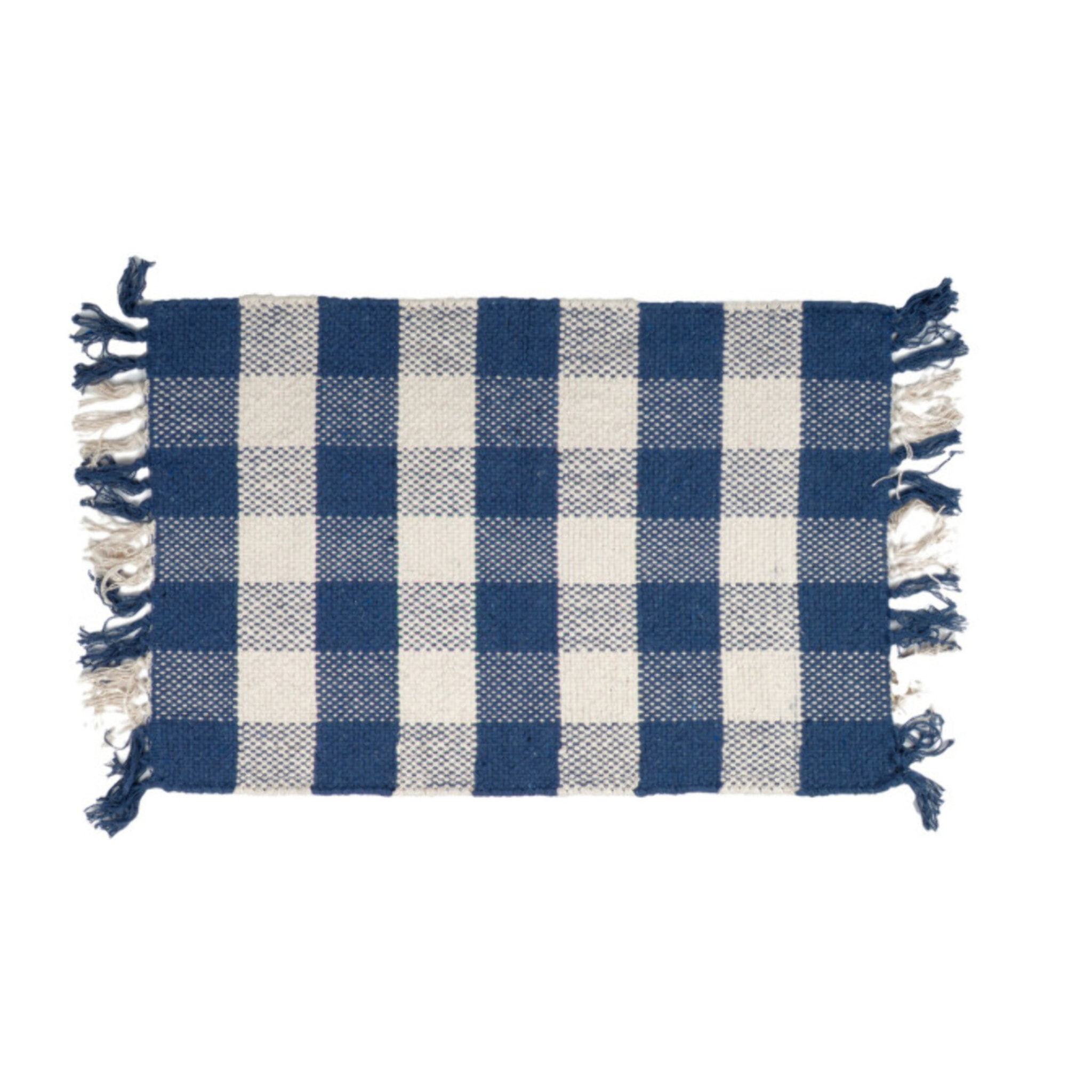 Tapis en coton avec carreaux bleu et blanc et franges - DENIM