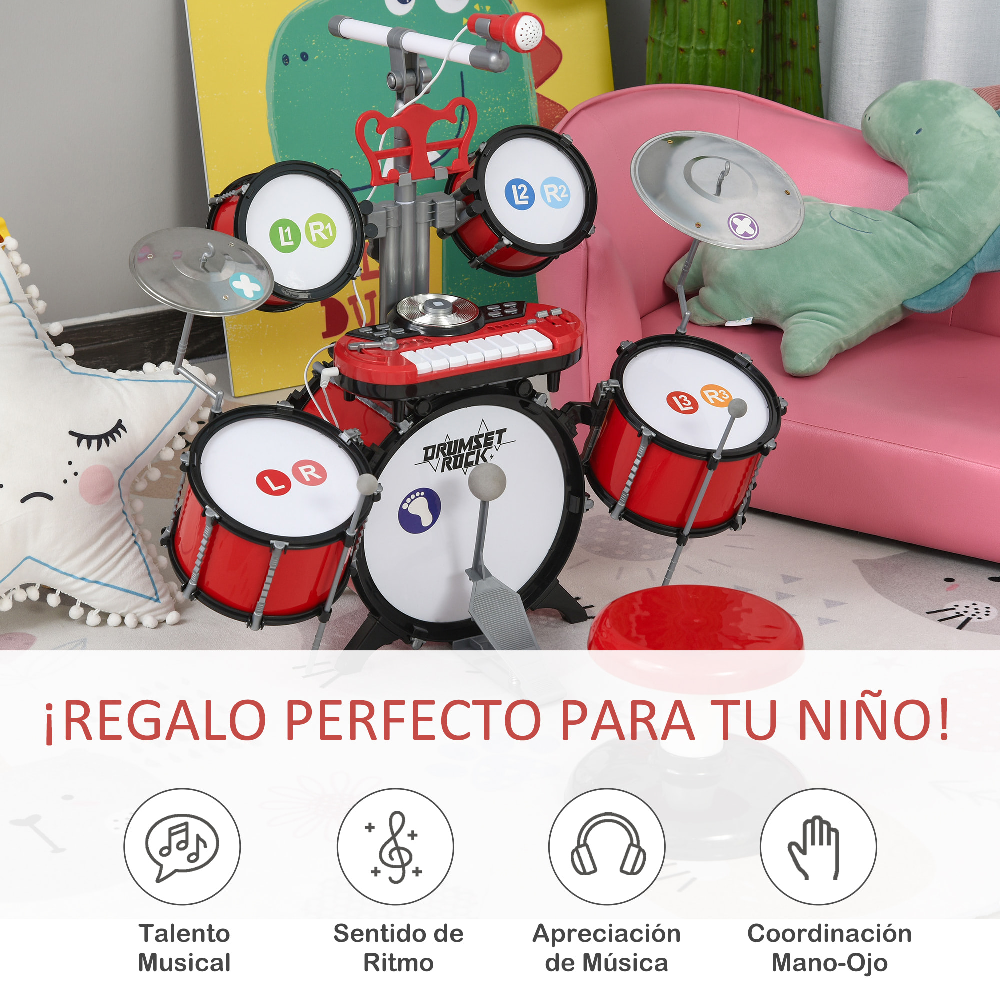 Juego Batería para Niños con Taburete Teclado Micrófono +3 Años 77,5x40x76,5 cm