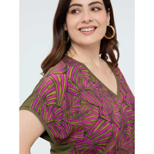 Fiorella Rubino - Camiseta bimaterial con estampado y mangas kimono - Verde militare