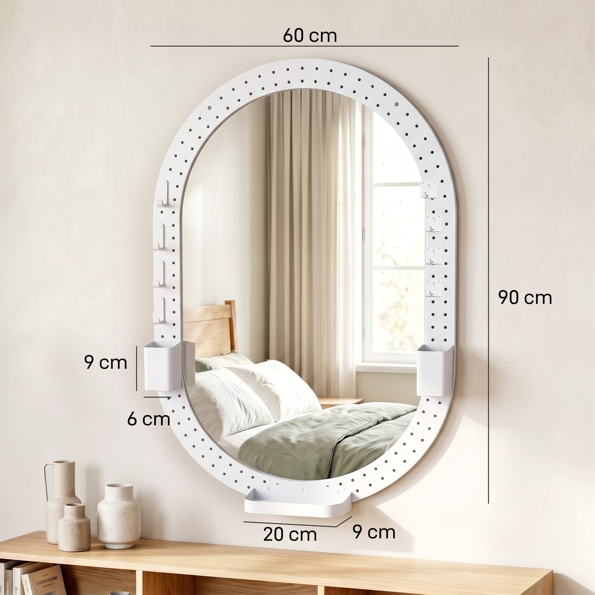Espejo de Pared Ovalado 90x60 cm con Panel Perforado, Espejo Decorativo Pared para Salón, Dormitorio, Recibidor Entrada, Blanco