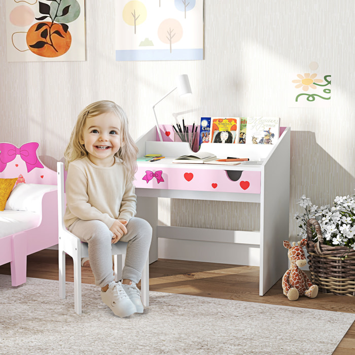 Juego de Escritorio y Silla para Niños de +3 Años Pupitre Infantil con Cajón Extraíble y Compartimento para Dormitorio Sala Estudio Rosa y Blanco