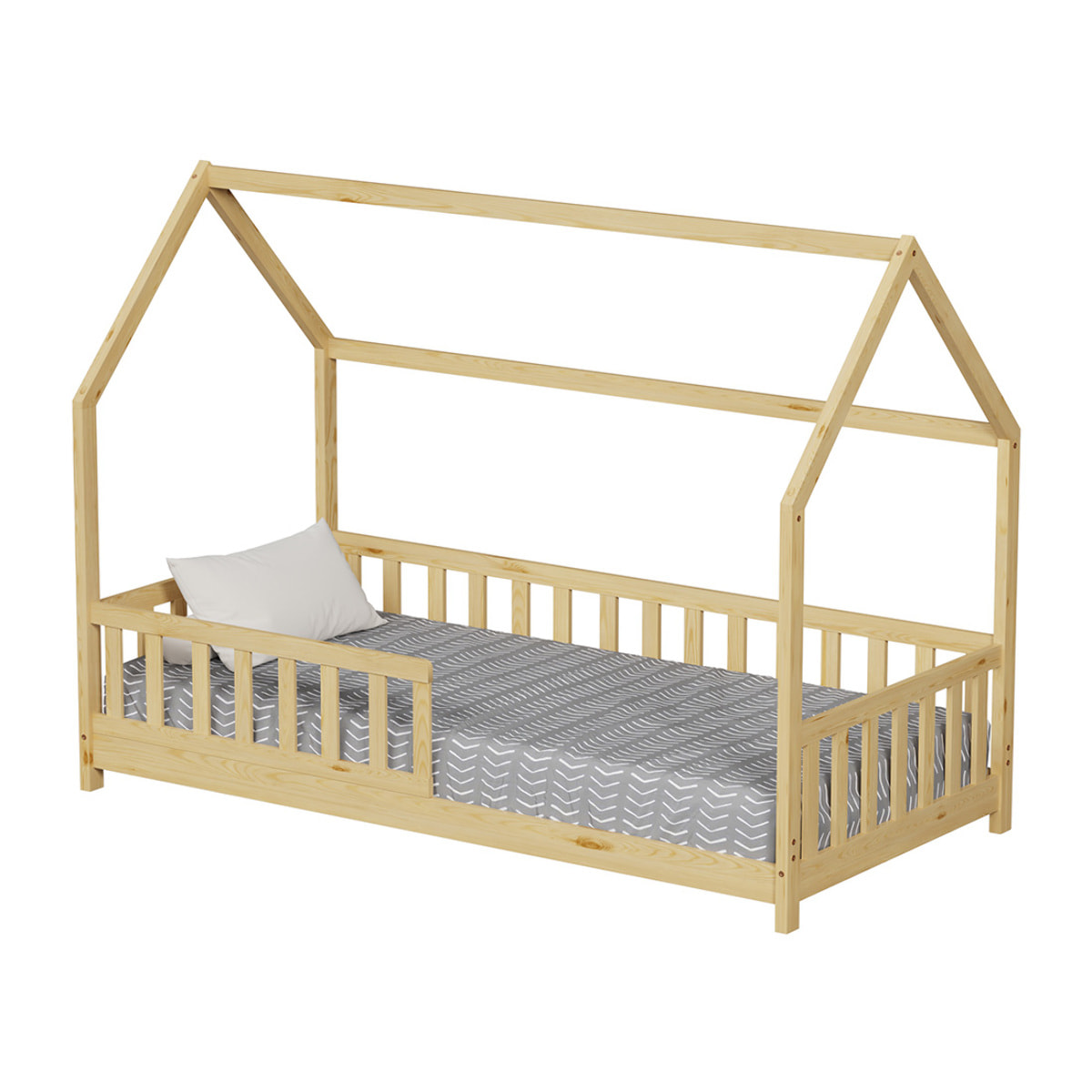 Lit Cabane Tchoupi 90 x 190 cm, Couleur Bois, Bois de Pin Naturel, avec barrières latérales de sécurité
