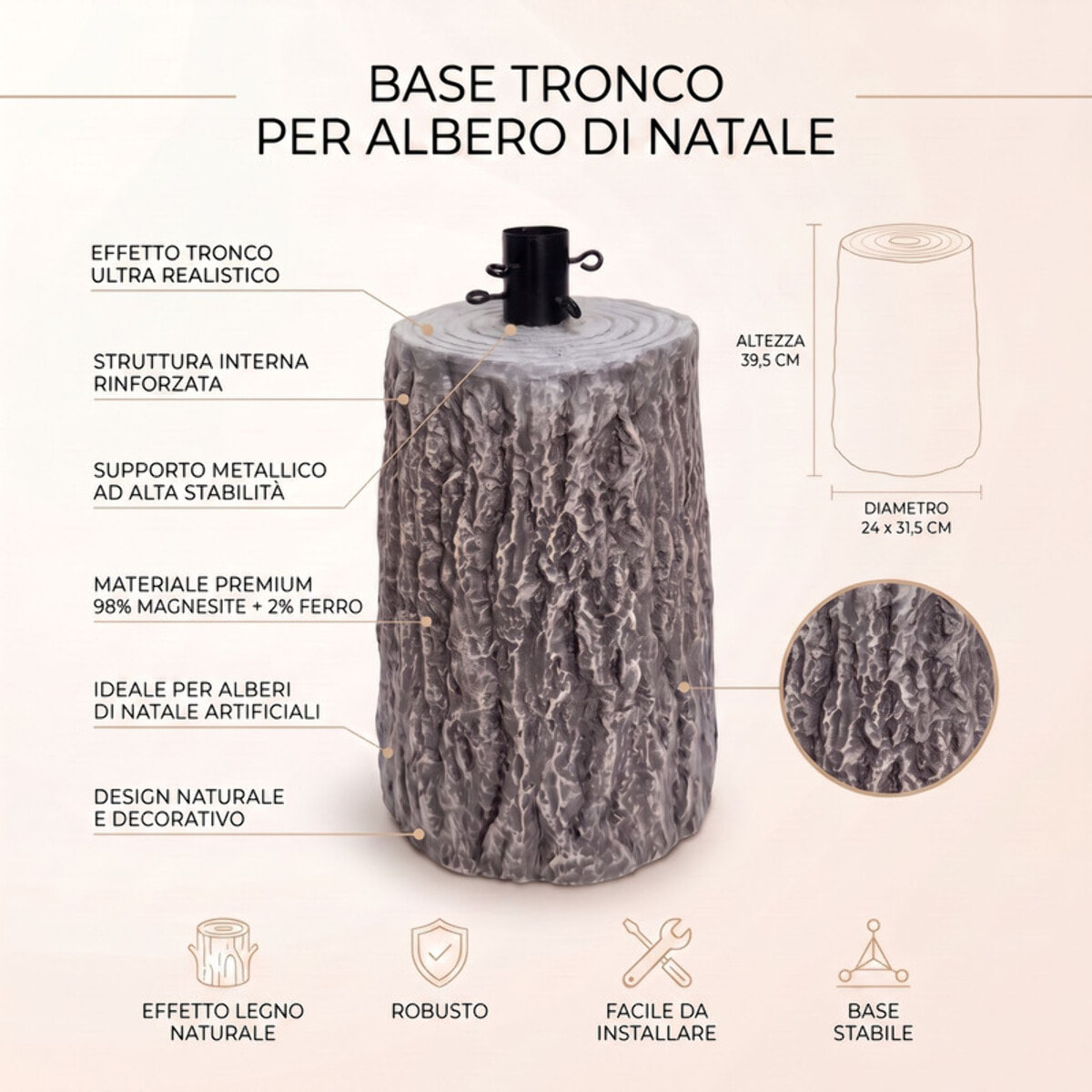 Base decorativa a tronco per albero di Natale in magnesio e ferro - Grigio