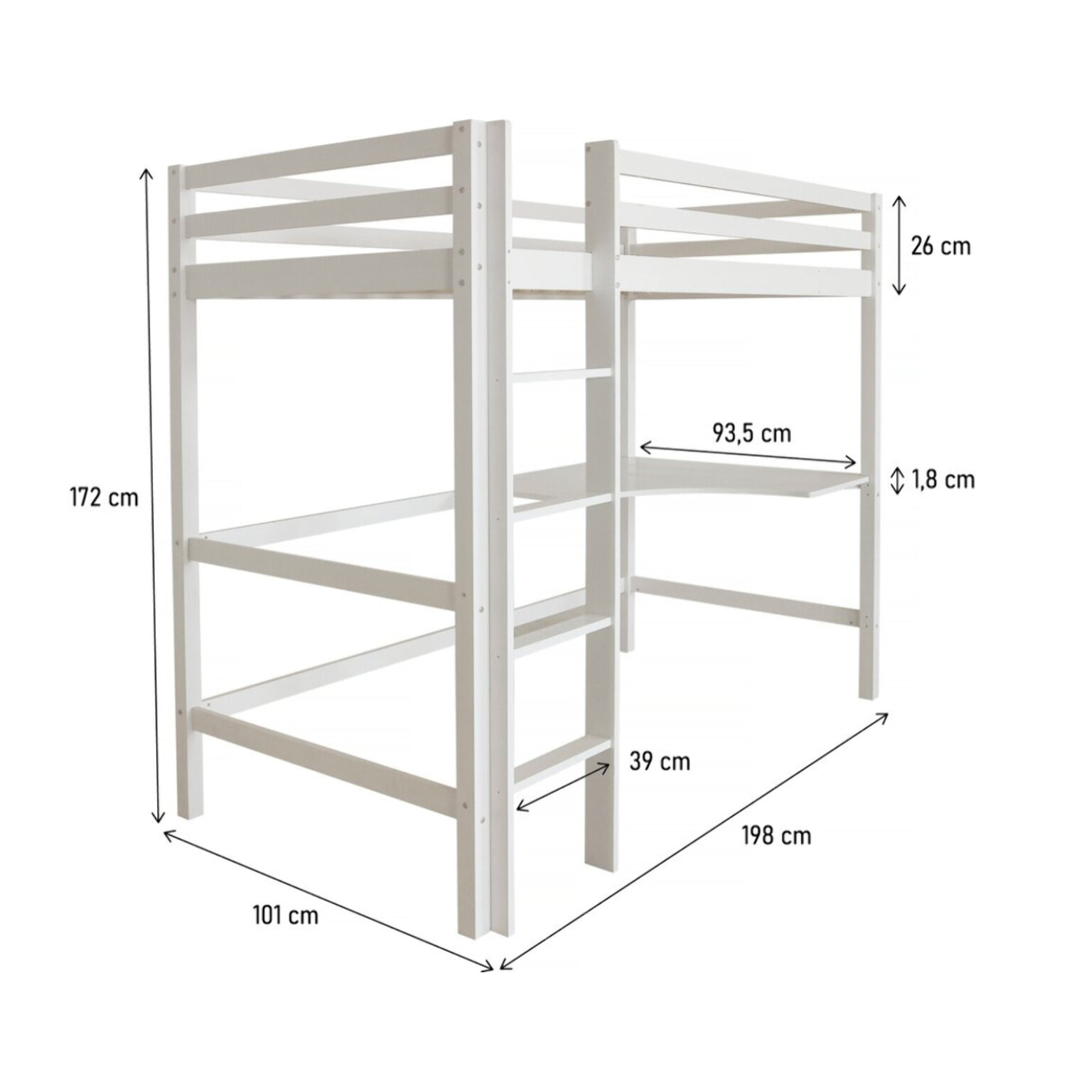 Lit Enfant Mezzanine avec Bureau "Angéla" 90 x 190 cm - Blanc