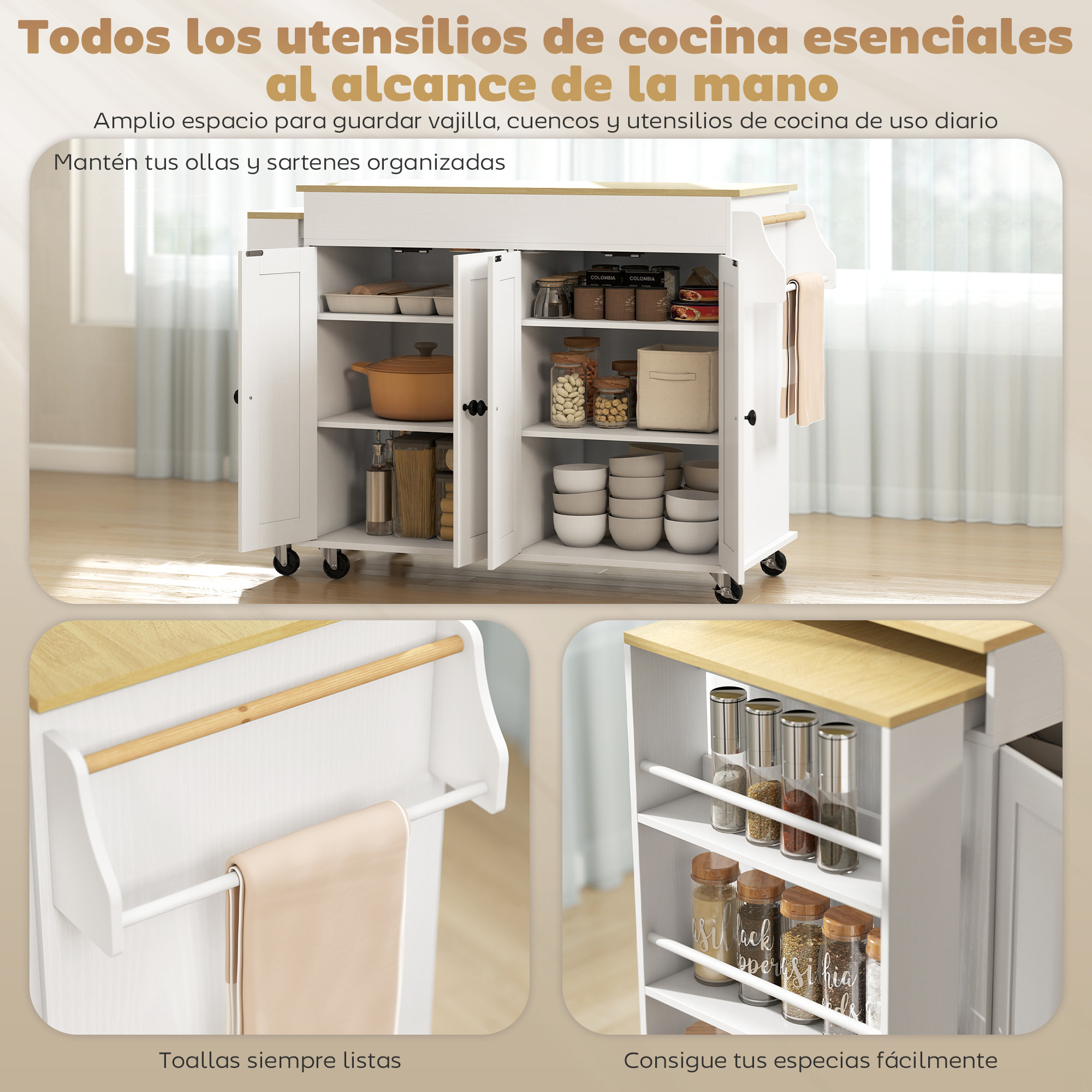 Isla de Cocina con Ruedas, Encimera Extensible, Carro de Cocina con 4 Puertas, Estantes Ajustables, Estantería Lateral Abierta, Especiero y Soporte para Toallas, para Comedor, Blanco
