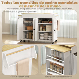Isla de Cocina con Ruedas, Encimera Extensible, Carro de Cocina con 4 Puertas, Estantes Ajustables, Estantería Lateral Abierta, Especiero y Soporte para Toallas, para Comedor, Blanco