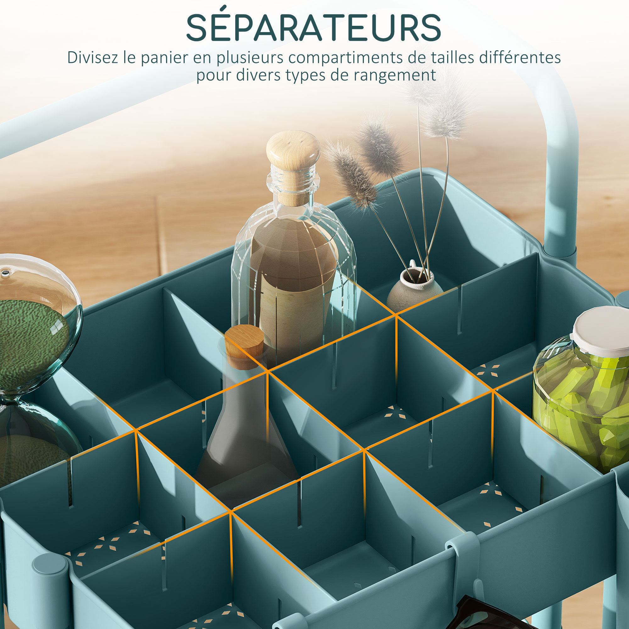 Desserte de cuisine - 3 étagères avec rebords - 4 crochets, 3 pots suspendus - acier ABS bleu