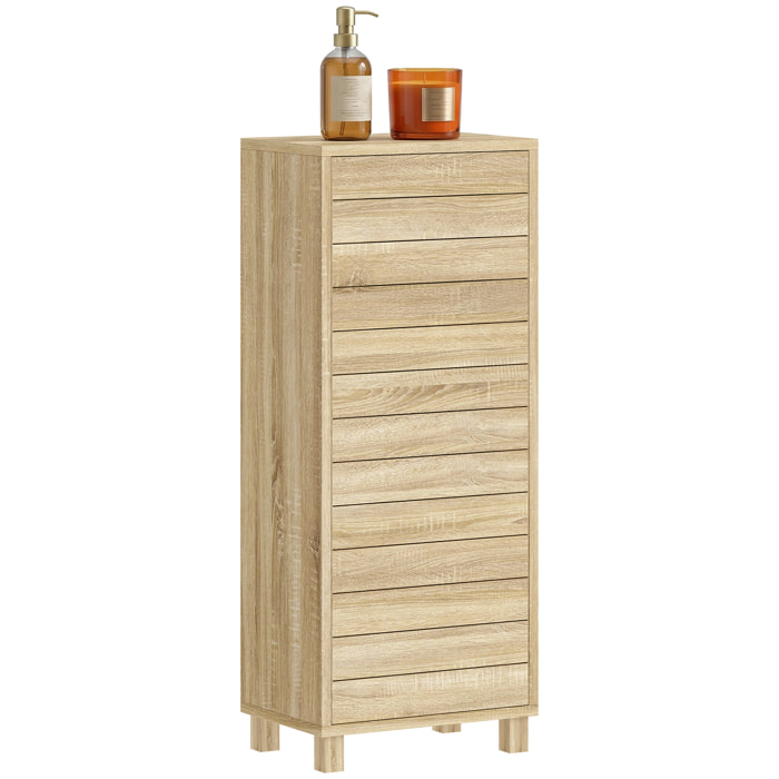 Armario de Baño Estrecho, Mueble Auxiliar de Baño con Puerta de Listones, 3 Estantes y Estante Ajustable, Apertura por Presión, Ahorro Espacio, 34x23x84 cm, Natural
