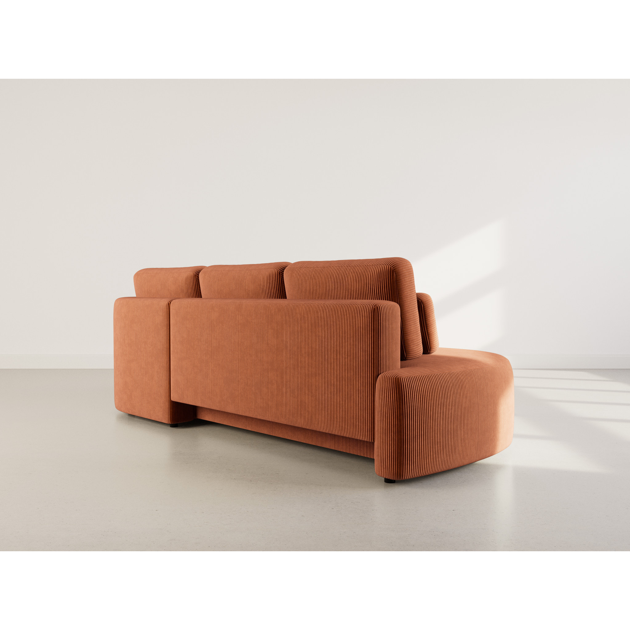 Mahina - canapé d'angle droit 4 places convertible avec coffre en velours côtelé - Terracotta