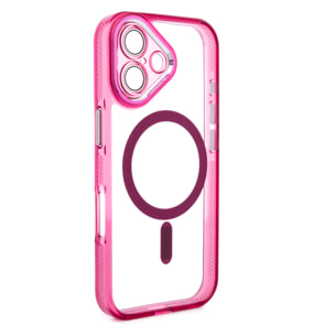 Carcasa transparente con cámara cubierta y bordes fucsia. Magsafe para iPhone 17.