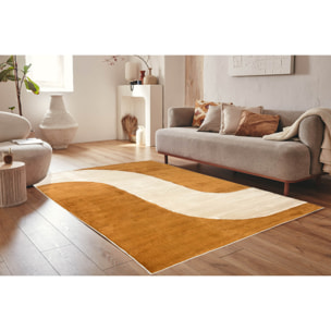 NELY - Tapis de salon à poils ras motif vague - Ocre