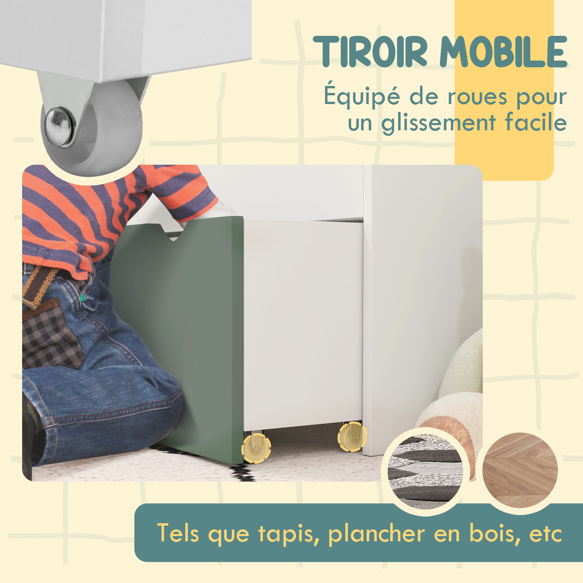 Bibliothèque étagère multi-rangement enfant - 3 étagères, grand tiroir - MDF blanc vert