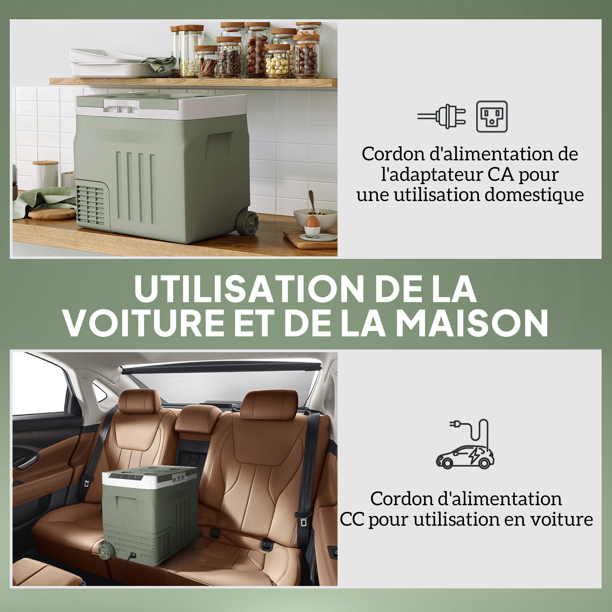 Glacière électrique portable 40L modes ECO/MAX -20°C-20°C poignée télescopique alimentation AC/DC vert