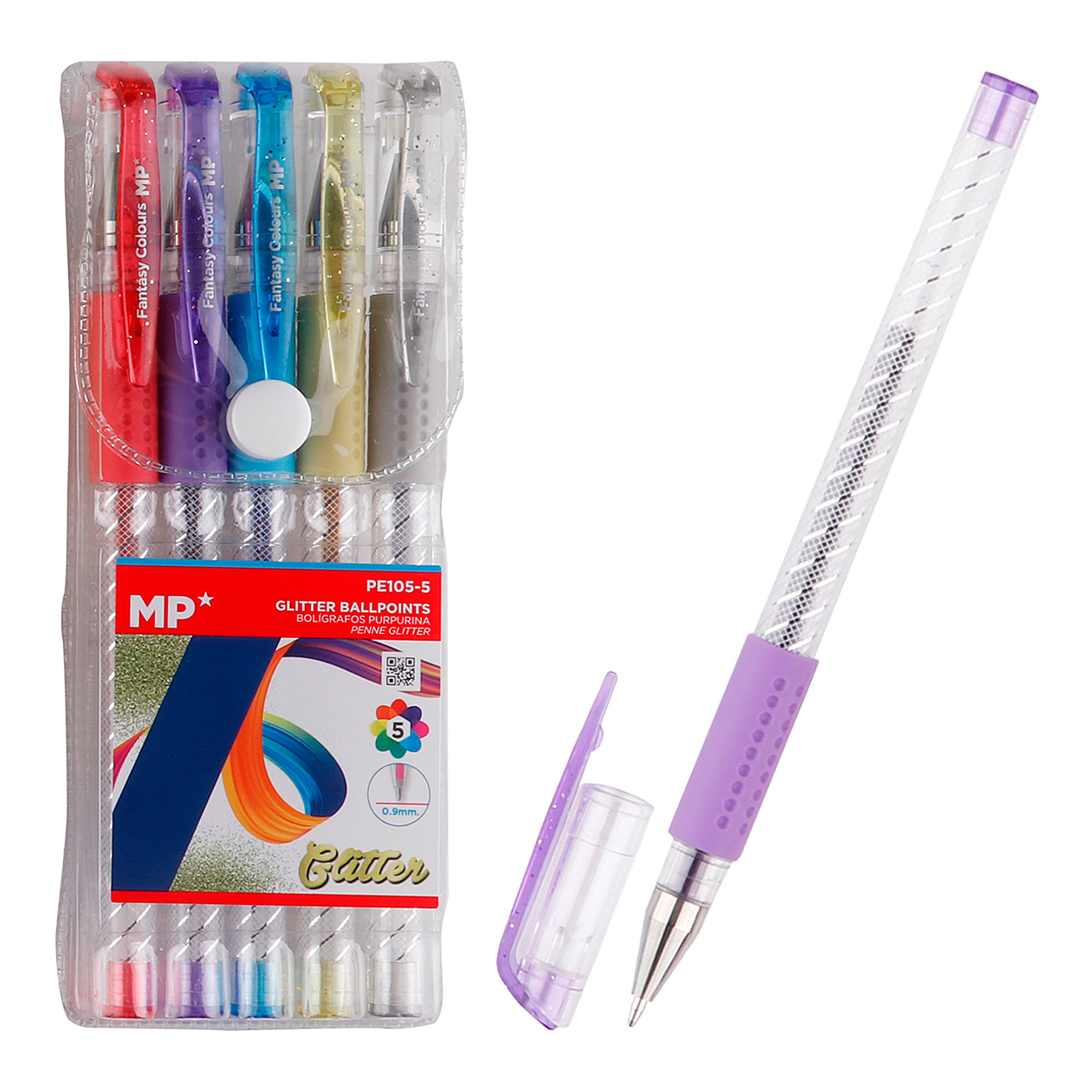 SET BOLÍGRAFOS PURPURINA CUERPO TRANSPARENTE 5 COLORES