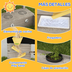 Outsunny Arenero para Niños de Madera Arenero Infantil con 2 Asientos 2 Cajas para Plantar y Juguete de Cocina para Patio Jardín 154x80x60 cm Gris