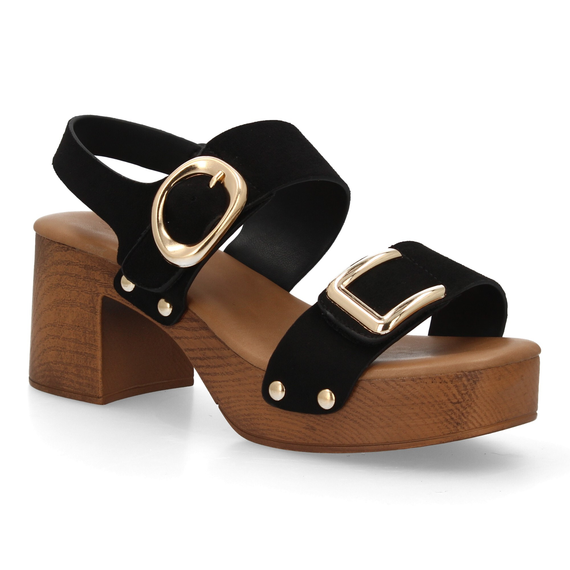 Sandalia plataforma hebillas mujer madera y tachuelas