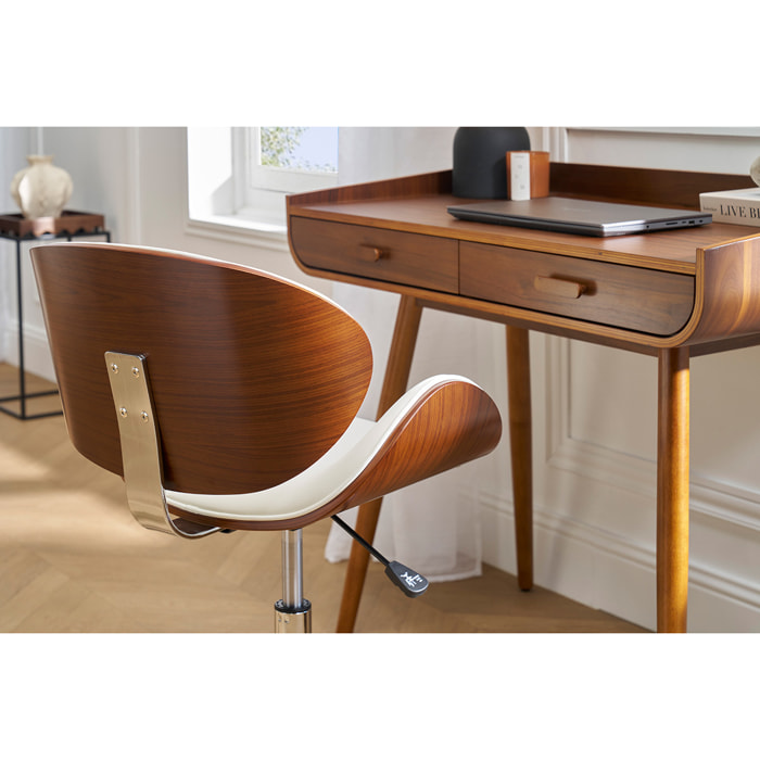 Chaise de bureau à roulettes design blanc, bois foncé noyer et acier chromé WALNUT
