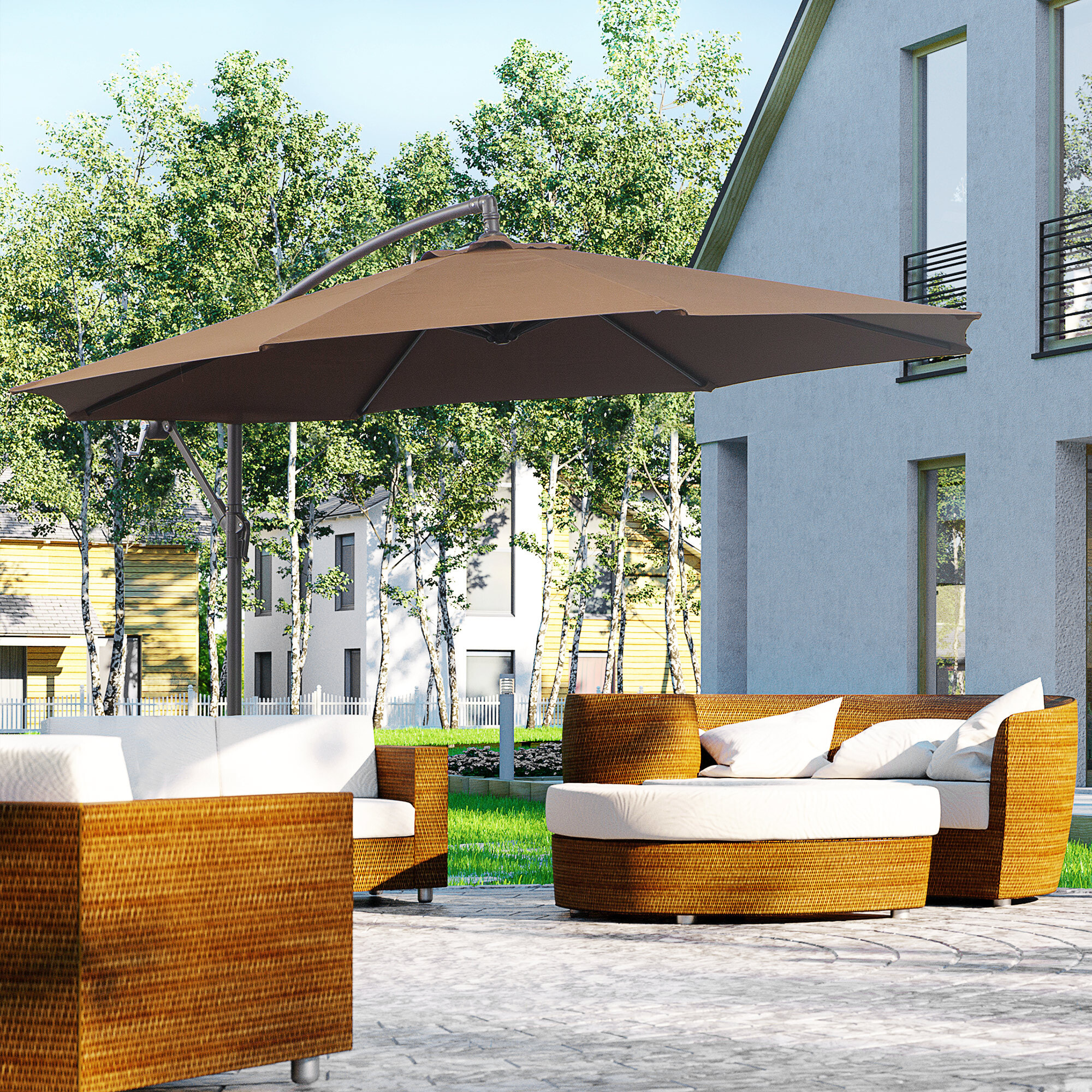 Parasol Excéntrico Ø 295 cm Sombrilla de Jardín con Ángulo Ajustable Base Cruzada y Manivela Sombrilla para Terraza Patio Café