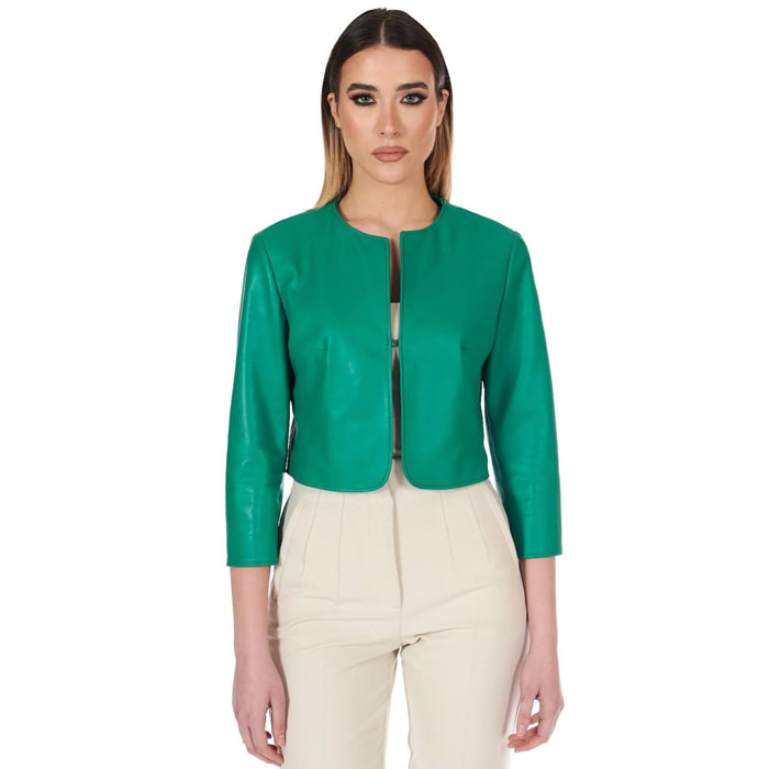 Giacca corta bolero in pelle verde smeraldo girocollo