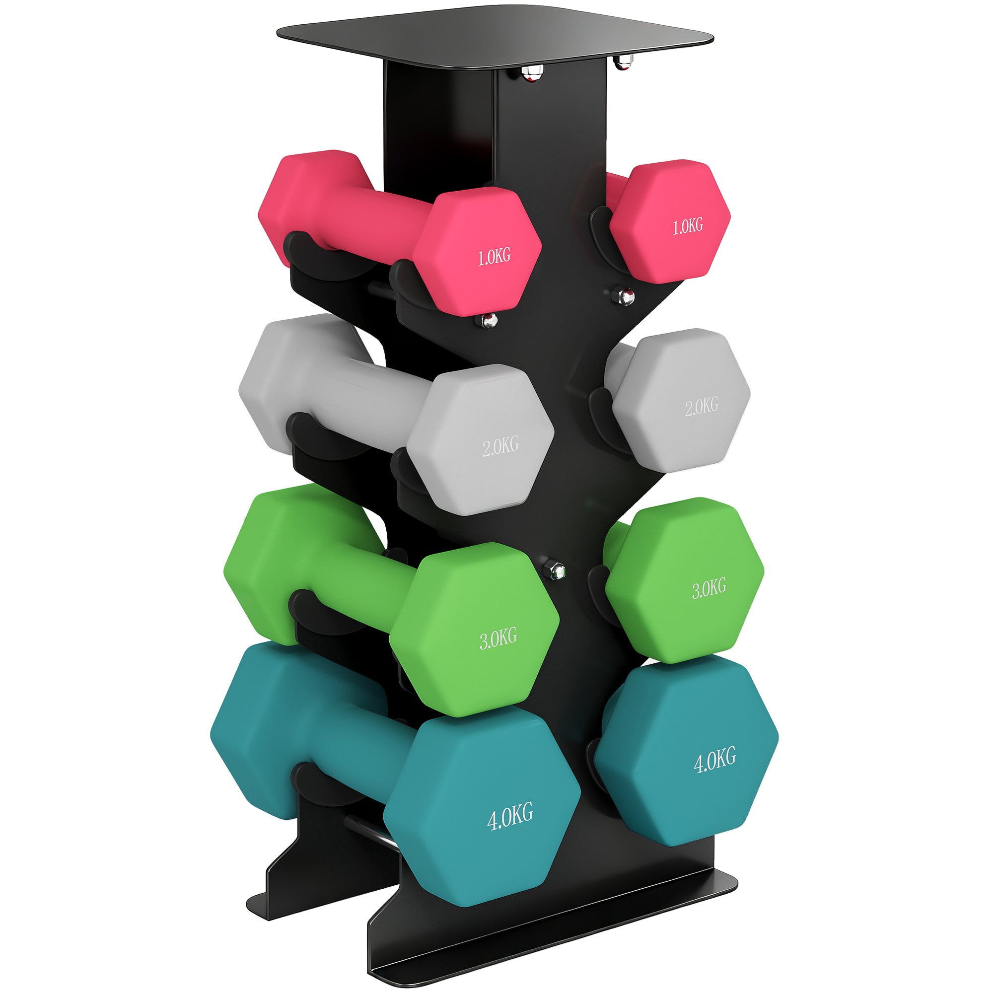 Juego de Mancuernas de 8 Piezas 20 kg, Mancuernas Hexagonales 2x1kg, 2x2kg, 2x3kg, 2x4kg, con Soporte de Almacenamiento y Mango Recto para Entrenamiento de Fuerza en Casa Gimnasio, Multicolor