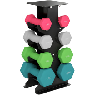 Juego de Mancuernas de 8 Piezas 20 kg, Mancuernas Hexagonales 2x1kg, 2x2kg, 2x3kg, 2x4kg, con Soporte de Almacenamiento y Mango Recto para Entrenamiento de Fuerza en Casa Gimnasio, Multicolor
