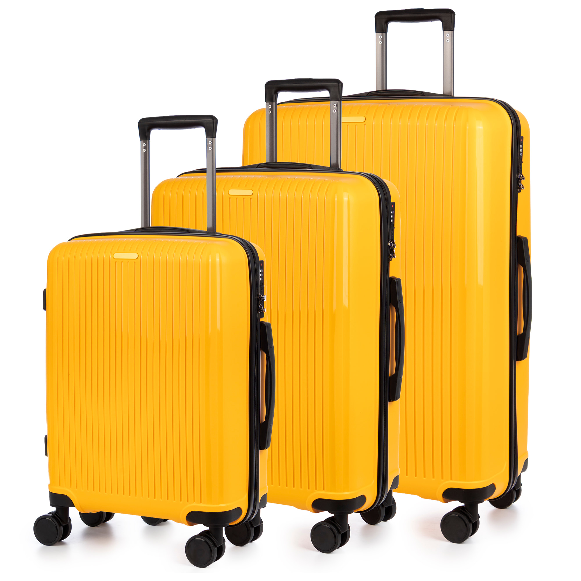 Set di 3 valigie Trolley, in materiale leggero PP resistente agli urti. Chiusura TSA numerica, 4 ruote doppie girevoli a 360°.