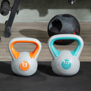 Conjunto de 2 Pesas Rusas de 10 kg 8 kg Kettlebell de Fiteness con Relleno de Arena Mango Ancho para Ejercicios y Entrenamiento en Casa y Gimnasio 22x16x26 cm 20x14x24 cm Azul y Naranja