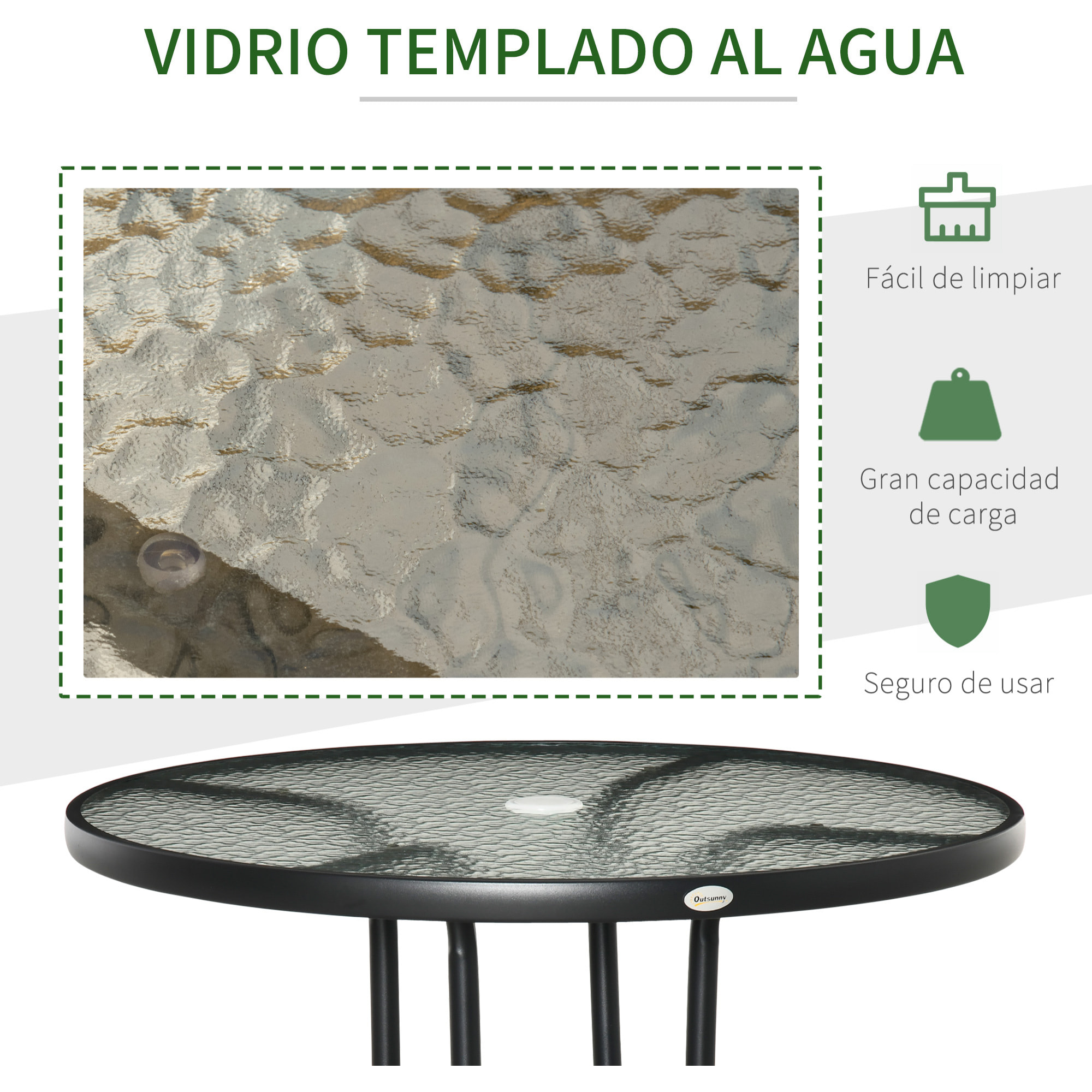 Outsunny Mesa de Jardín Redonda Mesa de Exterior Ø80x72 cm con Agujero para Sombrilla y Encimera de Vidrio Templado para Patio Terraza Negro