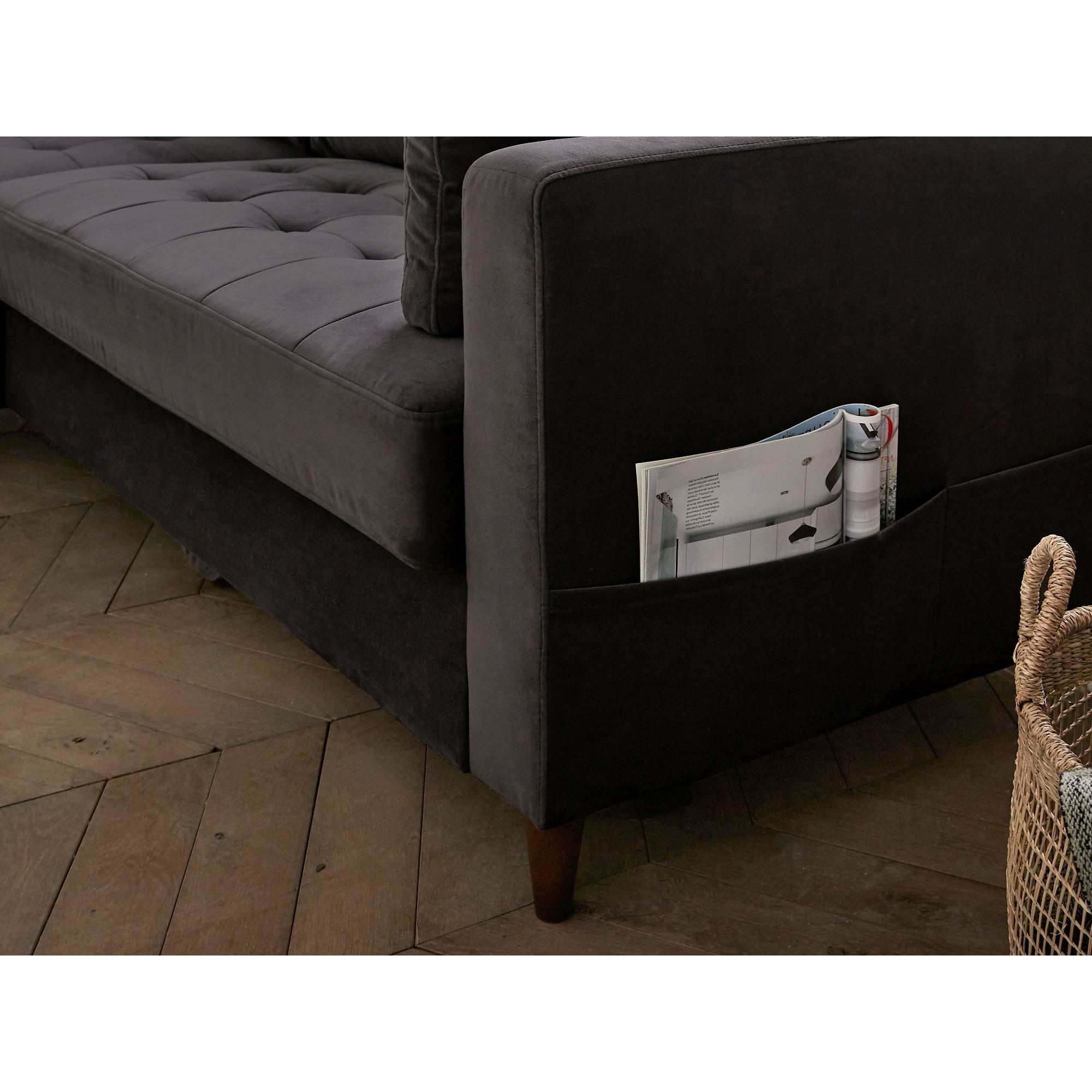 Anna - canapé d'angle gauche - 4 places - convertible avec coffre - en velours - Gris foncé