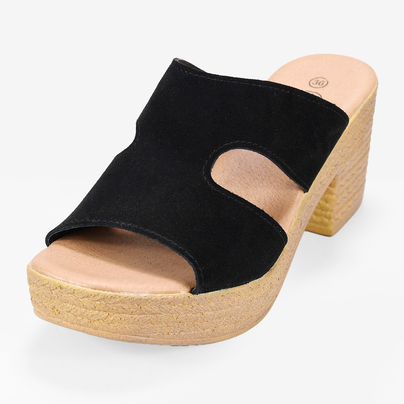 Sandalias de piel negras con tacón efecto esparto