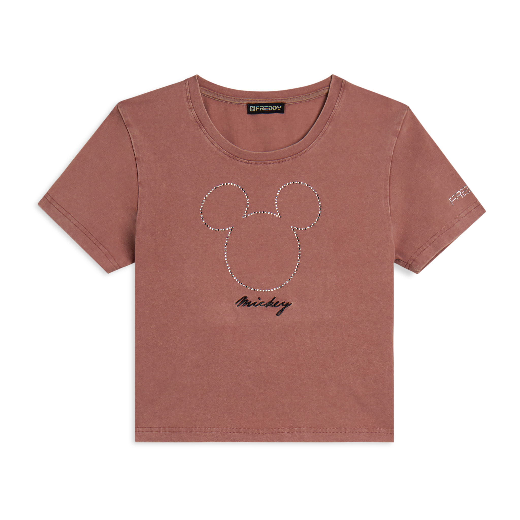 T-shirt cropped da donna con Mickey Mouse in strass