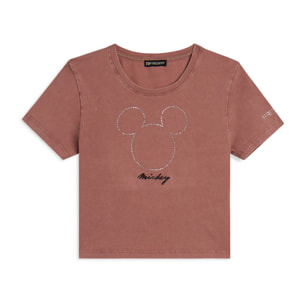 T-shirt cropped da donna con Mickey Mouse in strass