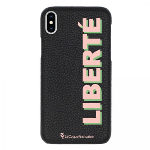 Coque iPhone Xs Max effet cuir grainé noir Liberté rose et vert Design La Coque Francaise